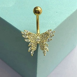 Золотой Кольца для живота в форме бабочки из латуни с прозрачным кубическим цирконием и изогнутой штангой, золотые, 28x19x7 мм, штифты : 1.8 мм, Руководитель: 5 mm
