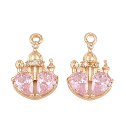Pink Pendentifs en laiton zircon cubique pavé, château avec des charmes en forme de cœur, plaqué longue durée, or, rose, 19x12.5x4mm, Trou: 1.8mm
