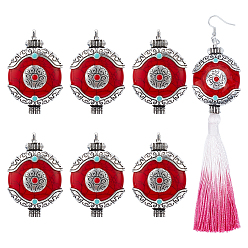 Красный 6 шт. подвески из цинкового сплава в этническом стиле с соединительными элементами из смолы, плоские круглые ссылки, античное серебро, красные, 53.5x35x15 мм, отверстие : 3.5 мм