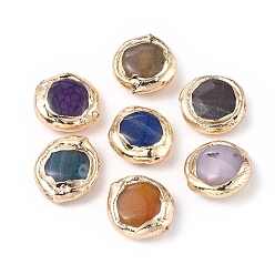 (52) Непрозрачная лаванда Природных бисера агат, с позолоченным латунным краем, плоско-круглые, разноцветные, 16x14.5~15x6.5~7 мм, отверстие : 0.8 мм