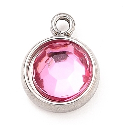 Розовый 304 прелести нержавеющей стали, с акриловыми стразами, очарование камня, граненые, плоско-круглые, цвет нержавеющей стали, светло-розовый, 10x8x4 мм, отверстие : 1.3 мм