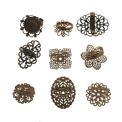 Antique Bronze Adjustable Brass Filigree Ring Components, Mixed Style, Antique Bronze, 17~18mm