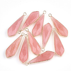 Нефрит Природного нефрита подвески, с латунной фурнитурой , граненые, капля, золотые, окрашенные, 36~39x11.5x5.5~7 мм, отверстие : 2 мм