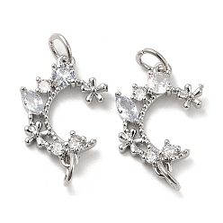 Платина Латунное покрытие стойки, проложенное прозрачным кубическим цирконием, соединительные подвески, луна с цветочными звеньями, долговечный, без свинца и без кадмия, платина, 21x15x3.5 мм, отверстие : 4 мм