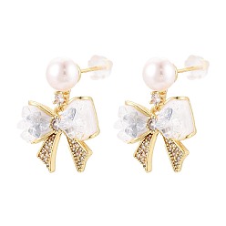 Настоящее золото 18K Серьги-гвоздики с бантом из латуни с микропаве из прозрачных кубических цирконий, с натуральным жемчугом, стеклом и эмалью, а также 925 булавками из стерлингового серебра, долговечный, реальный 18 k позолоченный, 23x16.5 мм