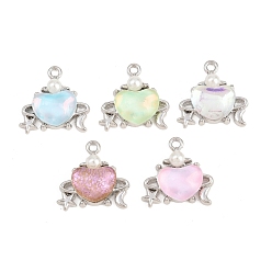 Платина Подвески из сплавов, стекла и пластика с жемчугом, Сердце с подвесками в виде луны и звезды, разноцветные, платина, 16x16.5x5.5 мм, отверстие : 1.4 мм