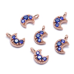 Розовый Позолоченный Латунь прелести, с кубического циркония, без кадмия, без никеля и без свинца, луна, синие, Настоящее розовое золото покрыто, 11x7x3 мм, отверстие : 1.5 мм