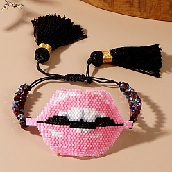 Pink Браслеты ручной работы из стеклянных бусин в богемном стиле, регулируемые плетеные браслеты из волоконного шнура для женщин, губа, со стеклом, розовые