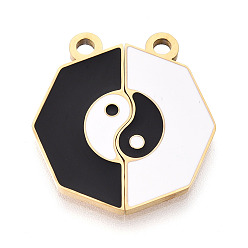 Настоящее золото 18K 304 из нержавеющей стали эмали сплит подвески, восьмиугольные и инь-янские подвески, ионное покрытие (ip), белый / черный, реальный 18 k позолоченный, 23~23.5x21.5x1.5 мм, отверстие : 2 мм