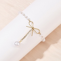 Настоящее золото 18K 304 браслеты с подвесками из нержавеющей стали и кристаллов со стразами, браслеты из акриловых жемчужных бусин для женщин, бантом, ионное покрытие (ip), реальный 18 k позолоченный, 6-3/4 дюйм (17.2 см)