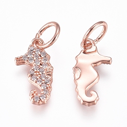 Mixed Color Brass Charms, with Micro Pave Cubic Zirconia and Jump Rings, Sea Horse, Clear, Mixed Color, 11x6x1.2mm, Hole: 3.5mm