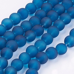 Marine Blue Transparent Glass Bead Strands, Frosted, Round, Marine Blue, 8mm, Hole: 1~1.6mm, about 99pcs/strand, 31.4 inch