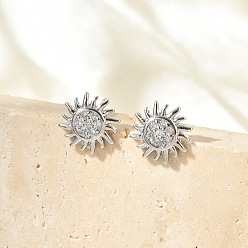 Солнце Серьги-гвоздики из латунного микро-паве, без свинца и без кадмия, долговечный, стойки покрытие, платина, солнце, 9 мм