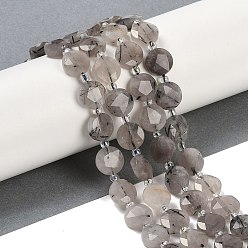Кварц Турмалинизации  Натуральные турмализированные кварцевые бусинки, граненый пятиугольный разрез, плоско-круглые, с бисером, 10~10.5x5~6 мм, отверстие : 1 мм, около 32~33 шт / нитка, 15.75'' (40 см)