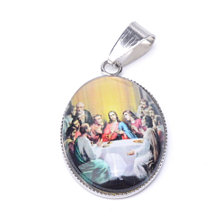 Mixed Color Jesus & Virgin Mary Theme Glass Pendants, with 201 Stainless Steel Findings, Oval, Mixed Color, 29.5x18.5x5~6mm, Hole: 4x6mm