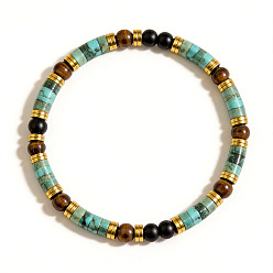 Mixed Stone Natural African Turquoise(Jasper) Disc and Tiger Eye Beaded Stretch Bracelets, Golden, 7.09 inch(18cm)