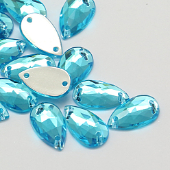 Темно-Голубой Шить на горный хрусталь, Тайвань акриловые горный хрусталь, два отверстия, аксессуары для одежды, Грановитая Teardrop, глубокое синее небо, 16x10x4 мм, отверстие: 1 мм