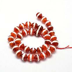 Orange Red Tibetan Style Striped Pattern dZi Beads Strands, Faceted Natural Agate Round Beads, Orange Red, 10mm, Hole: 1mm, about 37pcs/strand, 14.5 inch