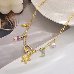 Разноцветный Романтические ожерелья с подвеской в форме морской звезды и ракушки из латуни с эмалью и натуральным жемчугом на морскую тематику для женщин, идеальный подарок на день святого Валентина, золотые, красочный, 14.96 дюйм (38 см)