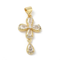 Настоящее золото 18K Латунные микро проложить кубического циркония подвески, крест с подвесками в виде слезинок, долговечный, стойки покрытие, без свинца и без кадмия, реальный 18 k позолоченный, 26x14.5x4 мм, отверстие : 4.5x3.5 мм