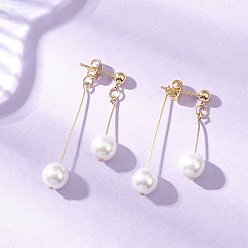 Золотой 304 серьги-гвоздики с круглыми бусинами-кисточками из нержавеющей стали с жемчугом-ракушкой, с фурнитурой латунной для серег, золотые, 43x8 мм