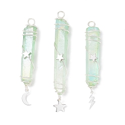Бледно-Зеленый 3 шт. 3 стили гальванизированные подвески из натурального кварцевого кристалла с заостренными концами из медной проволоки, с латунью и 304 нержавеющей сталью звезда молния луна, серебряный цвет гальваническим, бледно-зеленый, 44.5~54x10~11x11~13 мм, отверстие : 4 мм, 1 шт / стиль