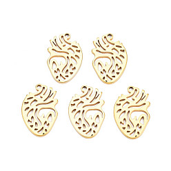 Chapado en Oro Real 18K Revestimiento iónico (ip) 201 colgantes de acero inoxidable, en forma de corazón, sin níquel, real 18 k chapado en oro, 25x16x1.5 mm, agujero: 1.8 mm