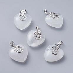 Хрусталь Природного кварца хрустальных подвесок, подвески из горного хрусталя, с платиновыми тонами из латуни, сердце, 31~32x25~26x11~12 мм, отверстие : 7x5 мм