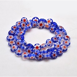 Royal Blue Handmade Millefiori Glass Flat Round Bead Strands, Single Flower Design, Royal Blue, 8x4mm, Hole: 1mm, about 53pcs/strand, 14.7 inch