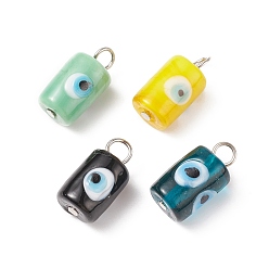 Platinum Handmade Evil Eye Lampwork Pendants, with Iron Findings, Column, Platinum, 19~19.5x9.5~10.5mm, Hole: 3.5mm