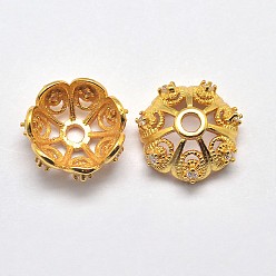 Real 18K Gold Plated CZ Brass Micro Pave Cubic Zirconia Flower Bead Caps, Fancy Bead Caps, Cadmium Free & Nickel Free & Lead Free, Real 18K Gold Plated, 8x3mm, Hole: 1mm