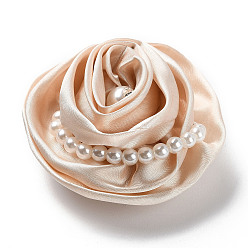 Бланшированный Миндаль Цветочная ткань с пластиковой жемчужной брошью, железная булавка платинового тона для сумок для одежды, бланшированный миндаль, 70~75x72~80x27~32 мм