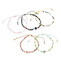 Mixed Stone Adjustable Nylon Thread Braided Bead Bracelets, with Round Natural & Synthetic Gemstone Beads and Glass Seed Beads, Inner Diameter: 1-3/4~3-3/8 inch(4.5~8.5cm)