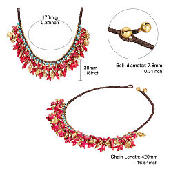 Red SHEGRACE Bib Necklaces, with Synthetic Turquoise Beads, Waxed Cord and Brass Beads, Golden, Red, 16.54 inch(42cm)