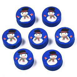 Mittelblau Manuell Polymer Ton Perlen, Weihnachten Stil, Flach rund mit Schneemann, mittelblau, 9x4 mm, Bohrung: 1.5 mm