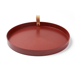 FireBrick Round ABS Plastic Desktop Storage Tray, with PU Leather Handle, Jewelry Trays, Snack Tray Plate, for Living Room Kitchen Table Home Decoration, FireBrick, 26.4x2.4cm