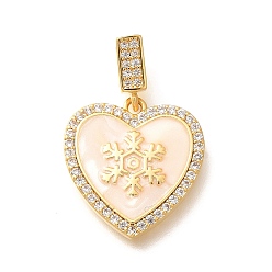 Снежинка Латунные подвески с микропаве из прозрачного кубического циркония, сердце прелести, с эмалью, реальный 18 k позолоченный, стойки покрытие, без свинца и без кадмия, снежинка, 19x18x2.5 мм, отверстие : 5x2.5 мм