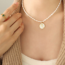 Скорпион 304 подвеска в виде созвездия из натуральной белой ракушки из нержавеющей стали, ожерелья из натурального пресноводного жемчуга с рисовыми бусинами для женщин, золотые, золотые, Скорпион, 14.57 дюйм (37 см)