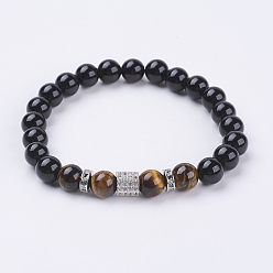 Tigerauge Armbänder aus natürlichem Obsidian und Tigerauge, mit Messing-Zirkonia-Perlen, Kolumne, Platin Farbe, 2-1/4 Zoll (56 mm)