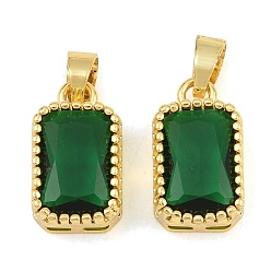 Green Brass & Glass Pendants, Faceted Rectangle Charm, Long-Lasting Plated, Rack Plating, Cadmium Free & Lead Free, Golden, Green, 17x10x6mm, Hole: 6x3.5mm