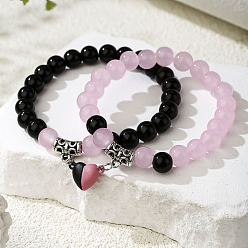 Розовый Кварц 2шт. браслеты из сплава с магнитными сердечками, Браслеты из натурального розового кварца и круглых стеклянных бусин для пары, античное серебро, внутренний диаметр: 2.17 дюйм (5.5 см)