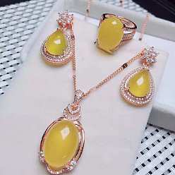Желтый 925 ожерелья, серьги и кольца из стерлингового серебра с микропаве из прозрачных кубических цирконий и натуральным халцедоном, розовое золото , овальные, желтые, 400 мм