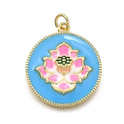 Темно-Голубой Латунь эмаль подвески, с целью перехода в кольце, без кадмия и без свинца, долговечный, реальный 18 k позолоченный, стойки покрытие, плоский круглый с подвеской в виде лотоса, глубокое синее небо, 24.5x22x5.5 мм, отверстие : 3.5 мм