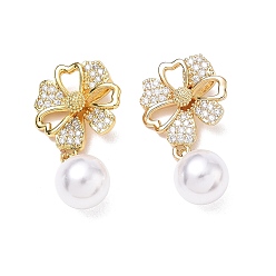 Golden Brass Micro Pave Clear Cubic Zirconia Pendants, with ABS Plastic Imitation Pearl, Flower Charms, Rack Plating, Long-Lasting Plated, Golden, 30x17x10mm, Hole: 2.5x5mm