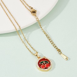 Вишня Латунный микропаве кубический цирконий кулон ожерелья для женщин, с 304 цепью из нержавеющей стали и эмалью, стойки покрытие, ионное покрытие (ip), реальный 18 k позолоченный, вишня, 15.75 дюйм (40 см)