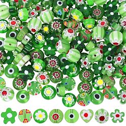 Green 160Pcs 8 Styles Handmade Millefiori & Evil Eye Lampwork Beads, Mixed Shapes, Green, 6.4~9x3~8mm, Hole: 0.6~1mm, 20pcs/style