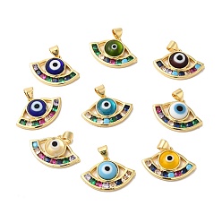 Mixed Color Handmade Evil Eye Lampwork Pendants, with Brass Cubic Zirconia Finding, Cadmium Free & Lead Free, Real 18K Gold Plated, Fan Charm, Mixed Color, 15x23x4.8mm, Hole: 3x4mm