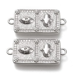 Real Platinum Plated Brass Micro Pave Cubic Zirconia Links Connectors, Rectangle with Eye & Hamsa Hand, Clear, Real Platinum Plated, 31.5x15x3mm, Hole: 2mm