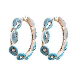 Turquoise 304 Stainless Steel Hoop Earrings, with Printed Cowrie Shell Beads and Eco-Friendly Copper Wire, Golden, Turquoise, 74x16mm, Pin: 0.6x1mm