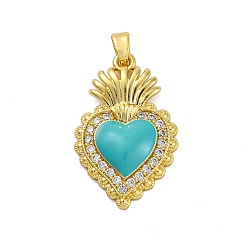 Темно-бирюзовый Латунные микро проложить кубического циркония подвески, с эмалью, святое сердце, долговечный, без кадмия и без свинца, стойки покрытие, настоящий 18k с покрытием, темные бирюзовый, 26.5x16.5x4 мм, отверстие : 5 мм